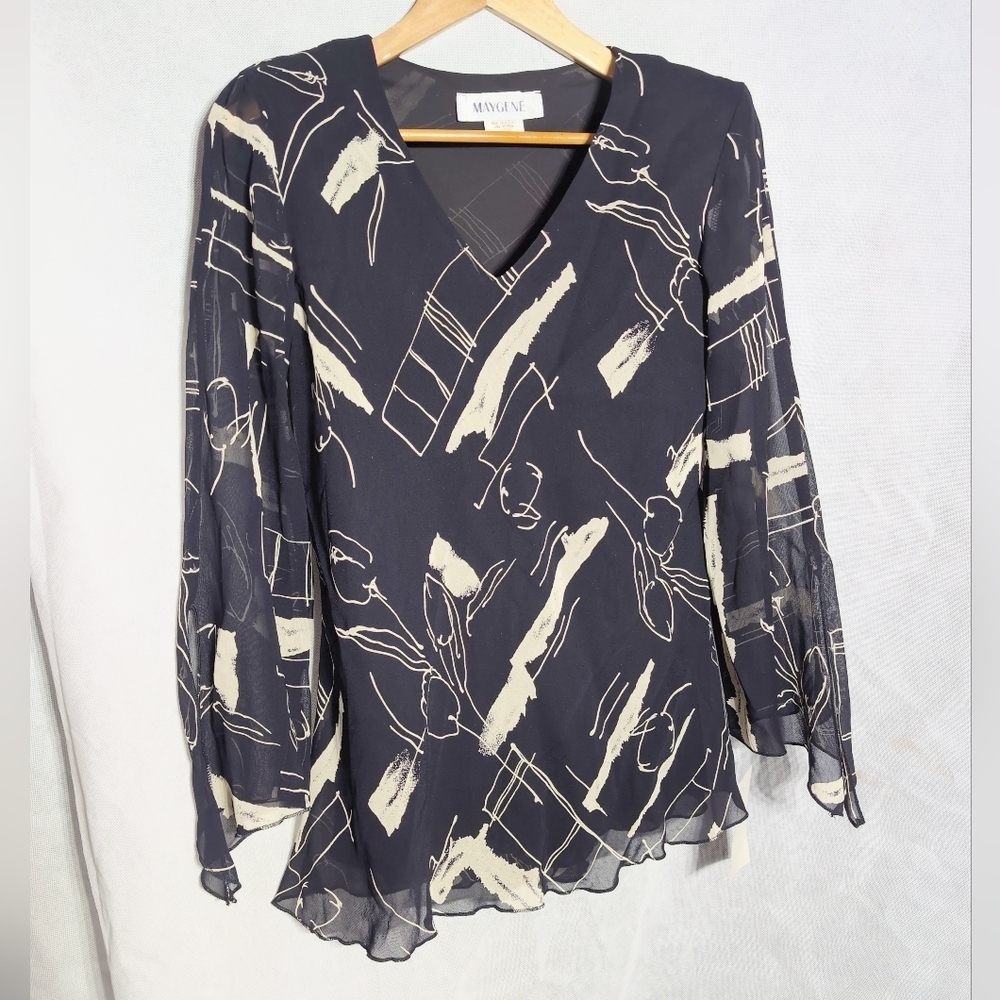 Maygene Los Angeles Sz L Deadstock Black Abstract Scarf Edge Women's Top NWT